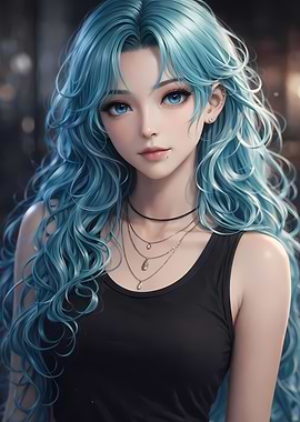 Azure Gaze Anime Girl with Blue Hair Portrait