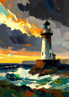 Lighthouse Seascape Painting with Impasto Texture