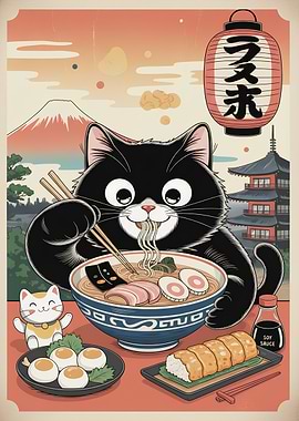 Cat eating ramen with Japanese background