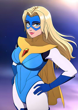Blonde Superheroine in Blue and Gold