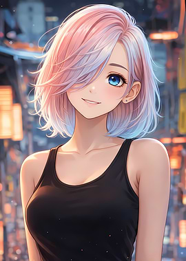 Neon Smile Anime Girl with Pink and Blue Hair