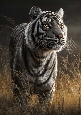 White Tiger in Grassy Field