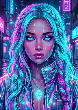 Cyberpunk Girl in Rainy Neon Cityscape