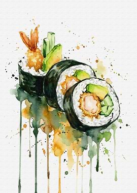 Watercolor Sushi Rolls with Tempura Shrimp