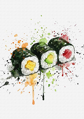 Hosomaki Sushi Rolls Watercolor Art