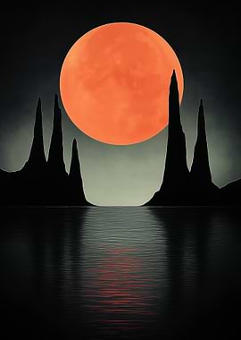 Orange Moon Over Dark Water