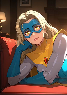 Relaxed Superheroine on Red Couch