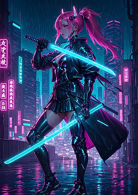 Cyberpunk Anime Girl with Neon Swords