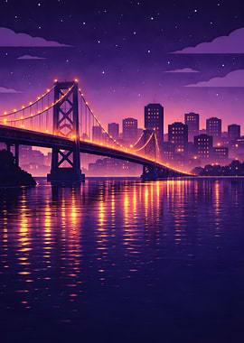 Night Cityscape with Bridge and Water
