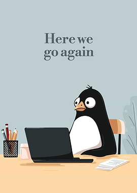 Penguin at Desk with Laptop