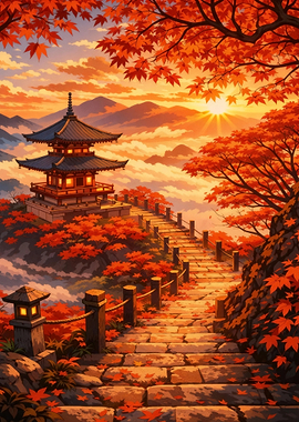 Japanese Pagoda in Autumn Landscape