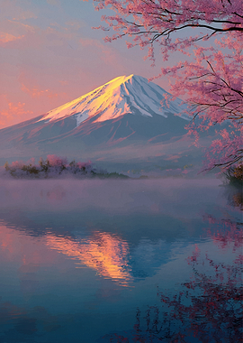 Mount Fuji and Cherry Blossoms Reflection