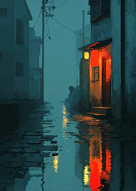 Rainy Asian Alleyway with Lanterns