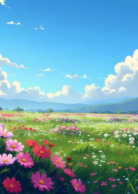 Anime Meadow with Flowers and Sky