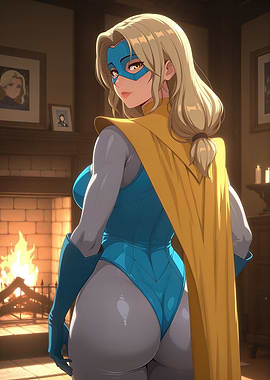 Blonde Superheroine in Cozy Interior