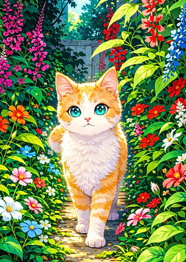 Cute Cat in a Flower Garden