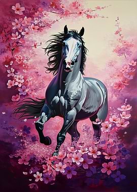 Horse in Cherry Blossoms Painting