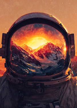 Astronaut Helmet Cosmic Mountain Reflection