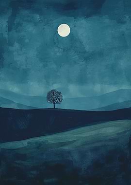 Blue Landscape with Tree and Moon