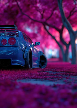 Blue Nissan Skyline R34 Under Pink Cherry Blossoms