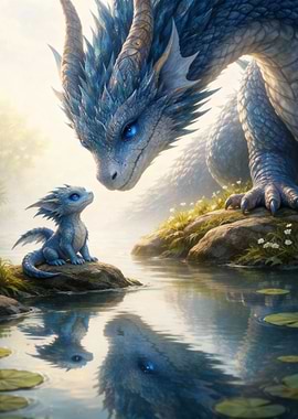 Blue Dragon and Baby by Lake