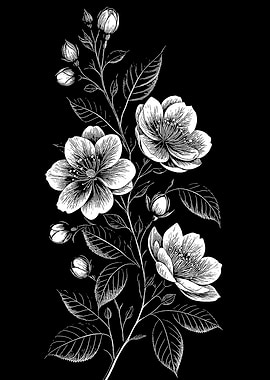 Floral Branch Illustration on Black Background