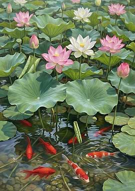 Lotus Pond with Koi Fish Painting
