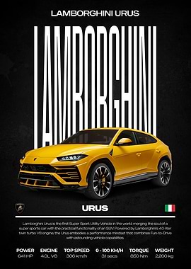 Lamborghini Urus Yellow Car Poster