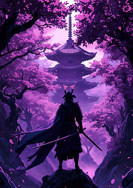 Samurai in Cherry Blossom Forest