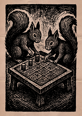 Squirrels Playing Game Woodcut Print