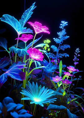 Neon Flowers on Black Background