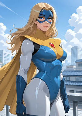 Blonde Superheroine in Blue and Gold