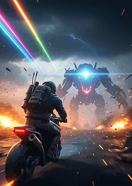 Motorcycle Rider Confronts Giant Robot