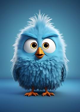 Fluffy Blue Bird Cartoon Character
