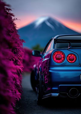 Blue Nissan Skyline R34 with Mount Fuji