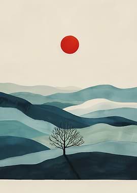 Minimalist Landscape with Tree and Sun