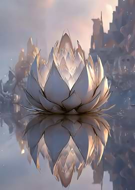 Ethereal White Lotus Art - Spiritual Enlightenment Symbol with Mirror Reflection