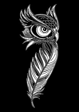 Owl and Feather Black and White