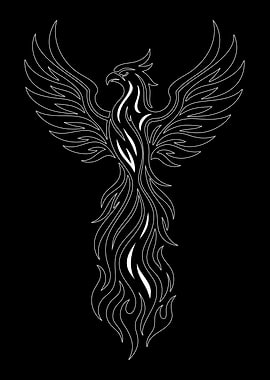 Phoenix Rising White Outline on Black