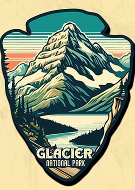 Vintage Glacier National Park Illustration, Retro US national park