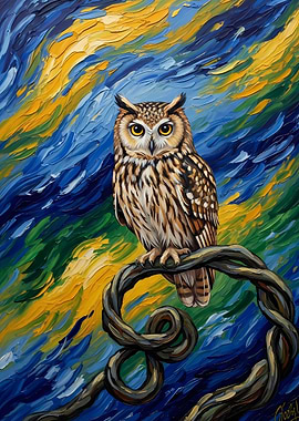 Owl Perched on Branch Painting