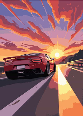 Red Sports Car Sunset Cityscapes