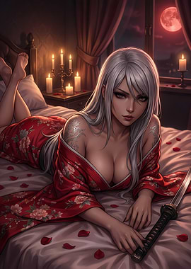 Anime Woman with Katana on Bed
