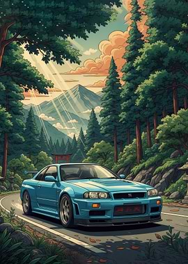 Blue Sports Car in Forest Landscape