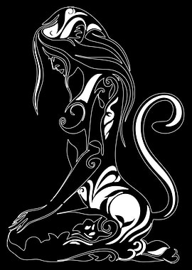 White Line Art Woman with Tail