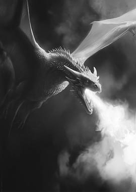 Dragon breathing fire in monochrome