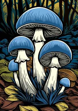 Blue Mushrooms in Forest Illustration