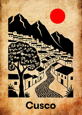 Cusco Cityscape Black and Beige Illustration