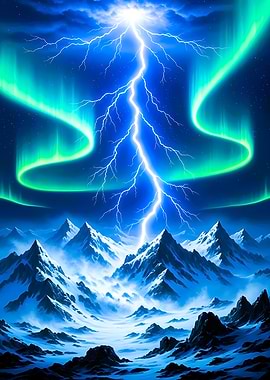 Lightning Over Snowy Mountains with Aurora