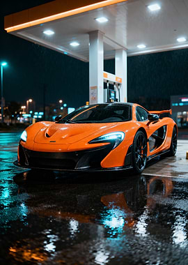 Orange McLaren at Gas Station at Night